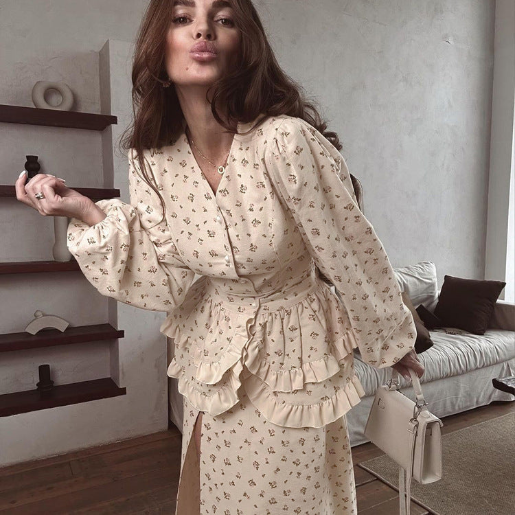 French Design Ruffled Waist Seal Printed V Neck Puff Sleeve