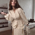 French Design Ruffled Waist Seal Printed V Neck Puff Sleeve