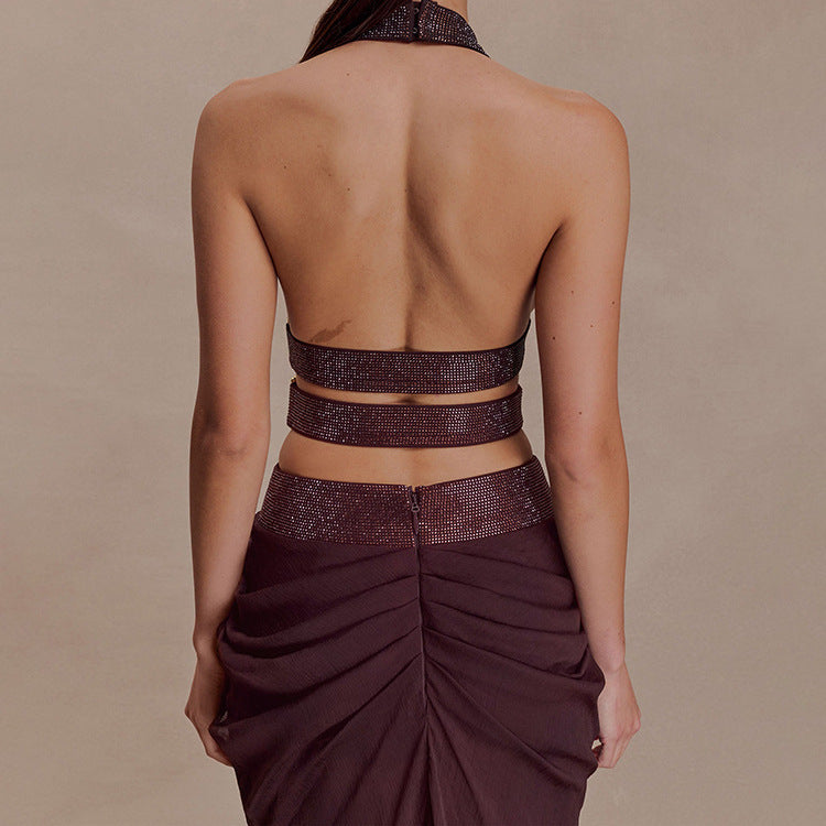Women's Black Pleated Rhinestone Halter Maxi Dress