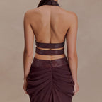 Women's Black Pleated Rhinestone Halter Maxi Dress