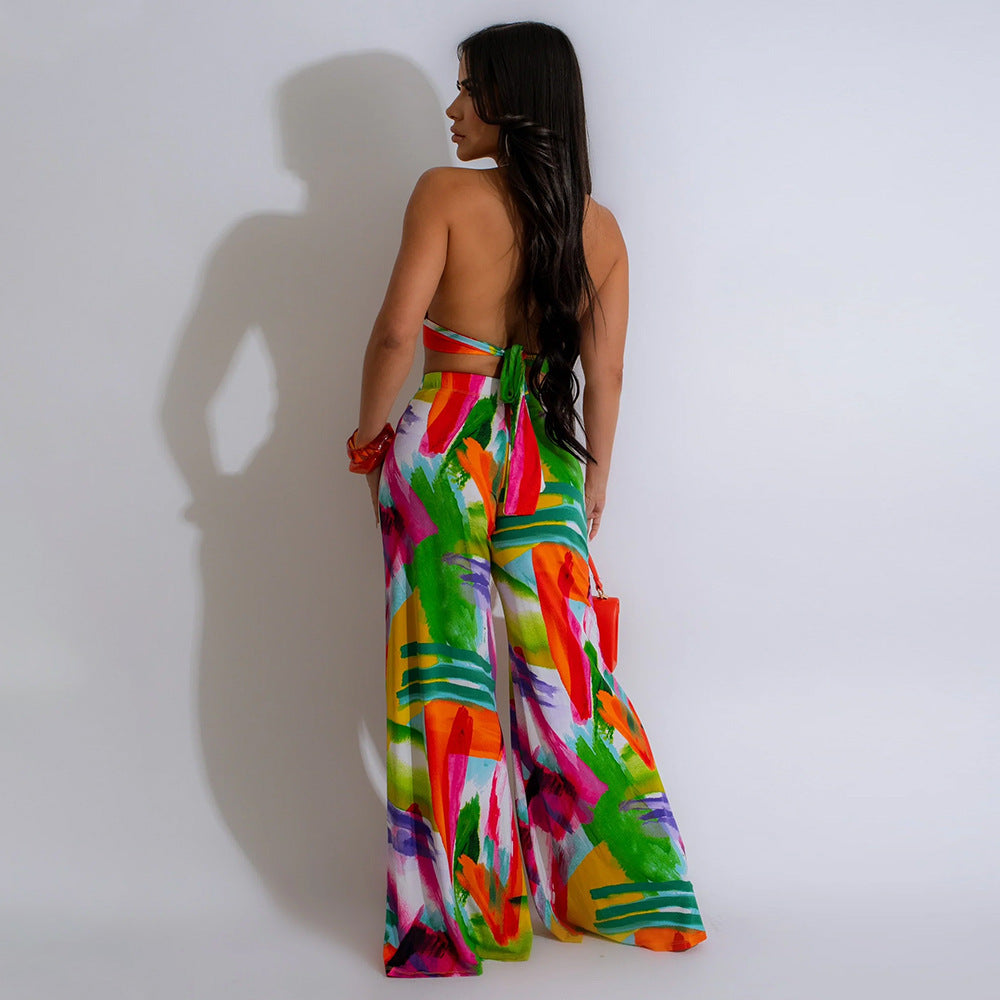 Women's Two Piece Printed Short Lace Up Top Wide Leg Pants