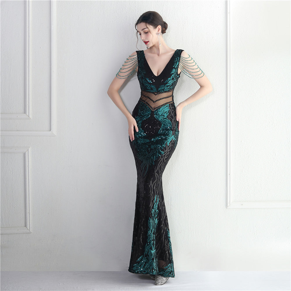 Women's Positioning Floral Heavy Industry Beaded Long Fish Tail Evening Dress Suitable Attending Formal Occasions