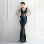 Women's Positioning Floral Heavy Industry Beaded Long Fish Tail Evening Dress Suitable Attending Formal Occasions