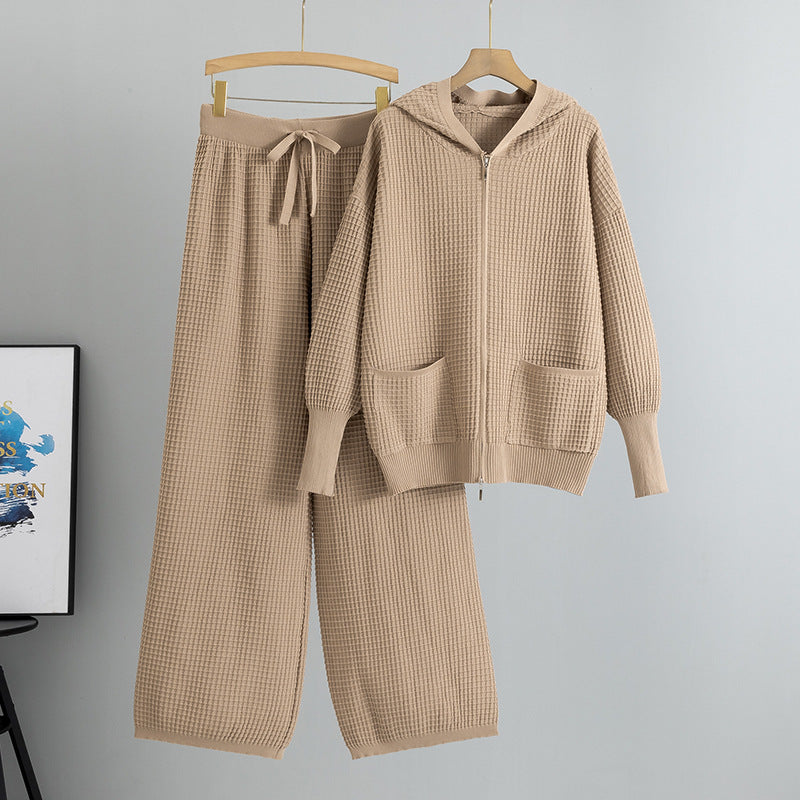 Spring Loose Women Wear Zipper Hooded Jacket Knitting Plaid Casual Sports Two Piece Sets Women