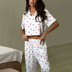 Summer Heart Printing Three Piece Ice Silk Cool Short Sleeved Shorts Trousers Ladies Homewear Breathable
