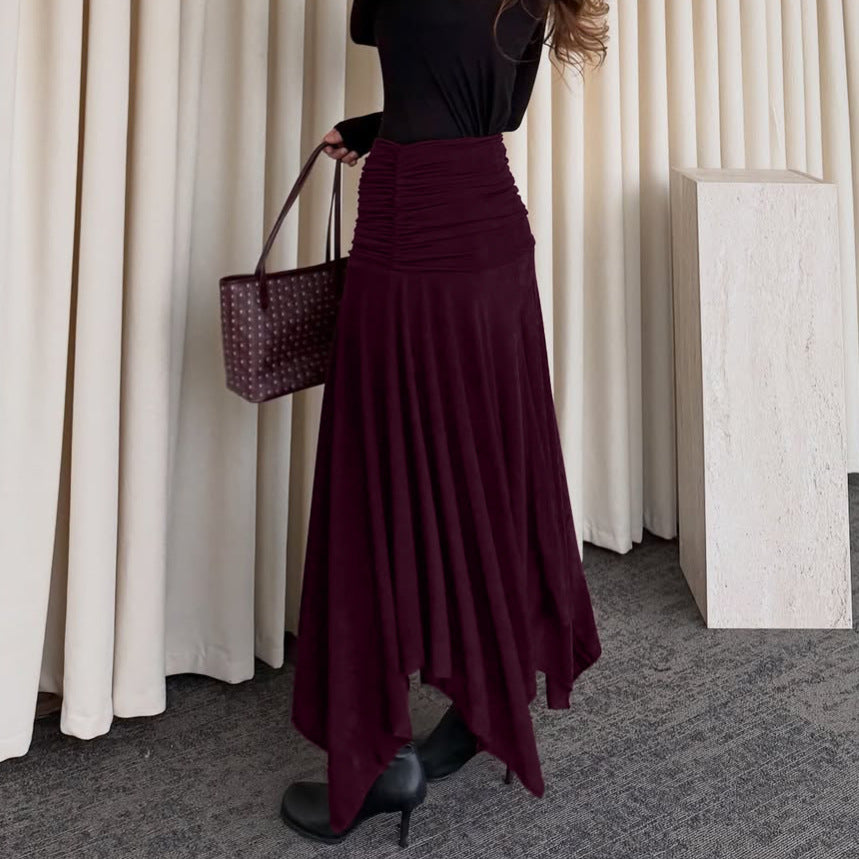 Women's Burgundy Ruched Asymmetric Midi Skirt
