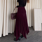 Women's Burgundy Ruched Asymmetric Midi Skirt