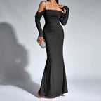 Women's Spaghetti-Strap Sequin Ruched Long-Sleeve Fishtail Maxi Dress
