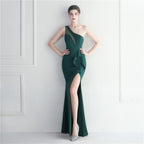 Women's Ruffled Mesh See Through Ceremonial Hosting Formal Occasion Long Dress