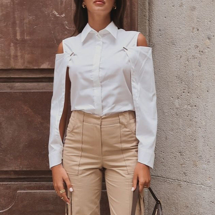 Women's Detachable-Sleeve White Cotton Blouse