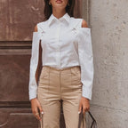 Women's Detachable-Sleeve White Cotton Blouse