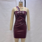 Faux-Leather Asymmetric Ruched Sleeveless Bodycon Mini Dress