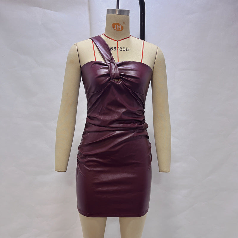 Faux-Leather Asymmetric Ruched Sleeveless Bodycon Mini Dress