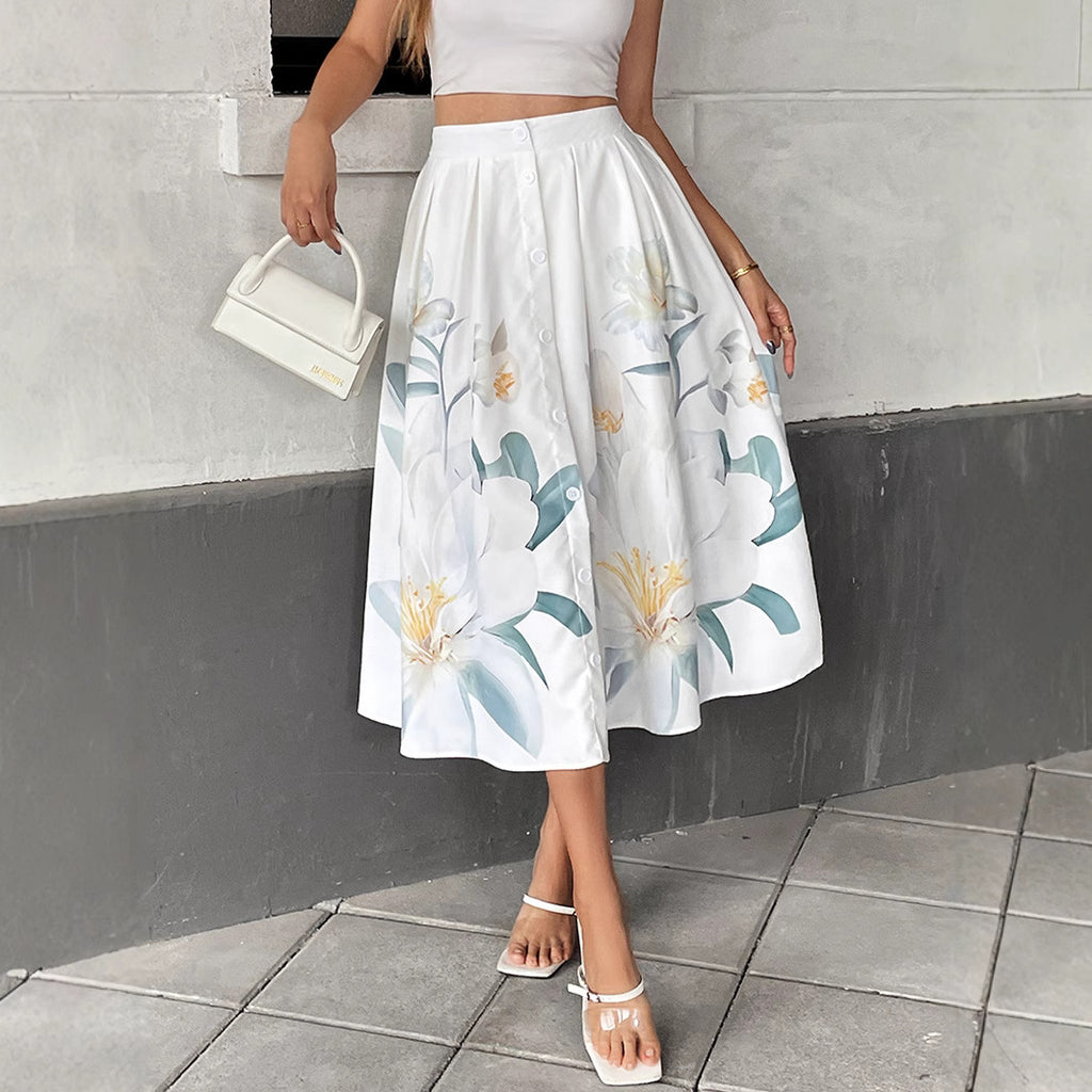 Floral A-Line Skirt With Decorative Fastener