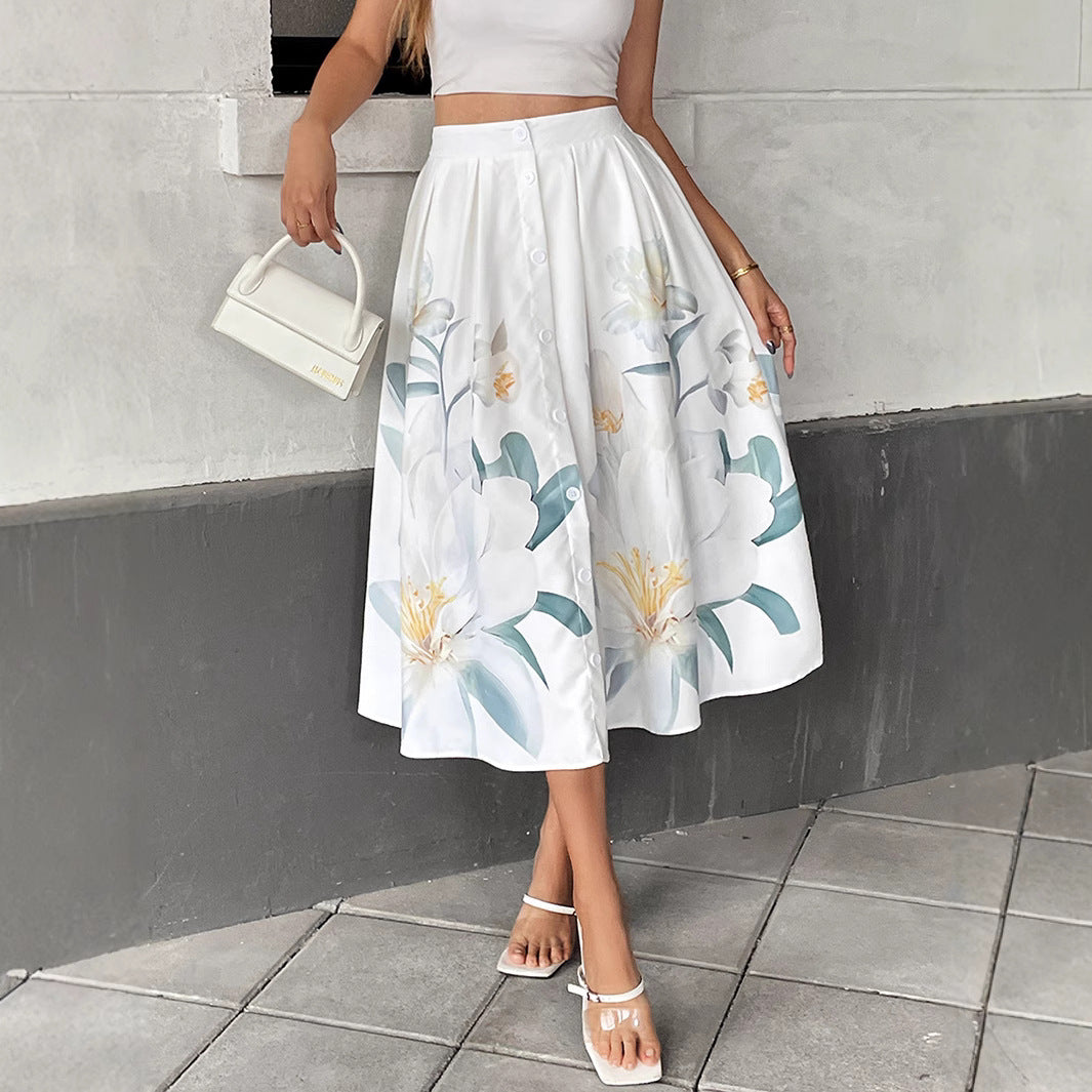 Floral A-Line Skirt With Decorative Fastener