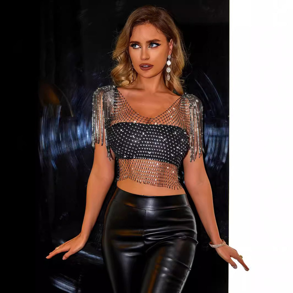 Women's Rhinestone Fishnet Tassel Vest Top