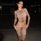 Women's French Clothing Autumn Winter Leopard Print Cropped Long Sleeve Top Slim Shorts Set