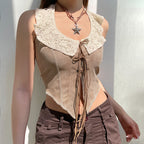 Women's Retro Lace Lace Collar Halter Lace Up Irregular Asymmetric Hem Cardigan Slim Fit Sexy Vest Women Clothing