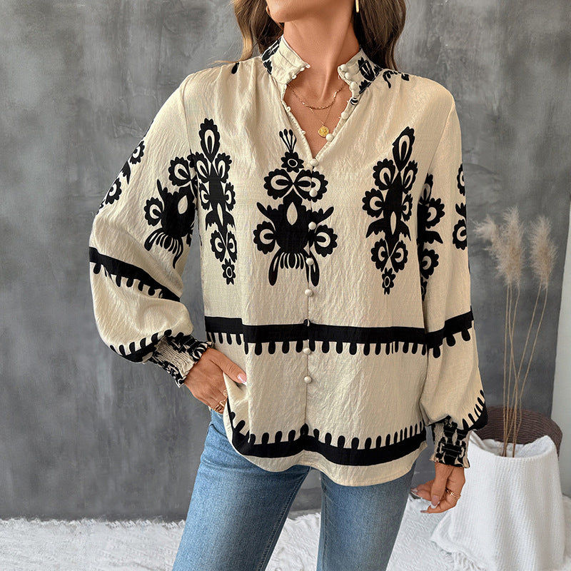 Women’s Apricot Retro Print Ruched Button Cardigan