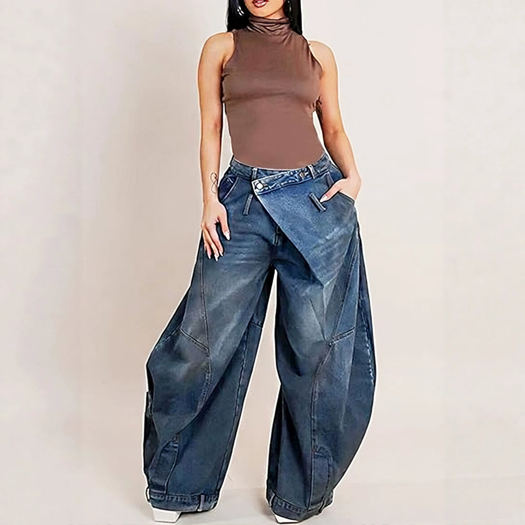 Women Wear Supply Washed Distressed Pocket Wide Loose Jeans