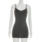 Dark gray mini dress with thin straps and studded front neckline