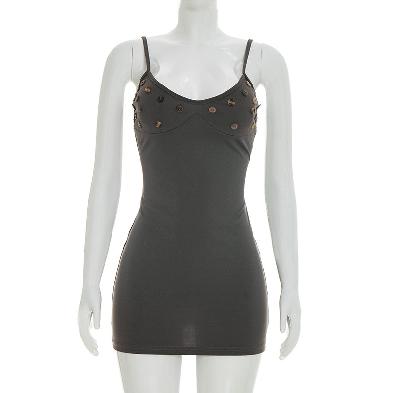Dark gray mini dress with thin straps and studded front neckline