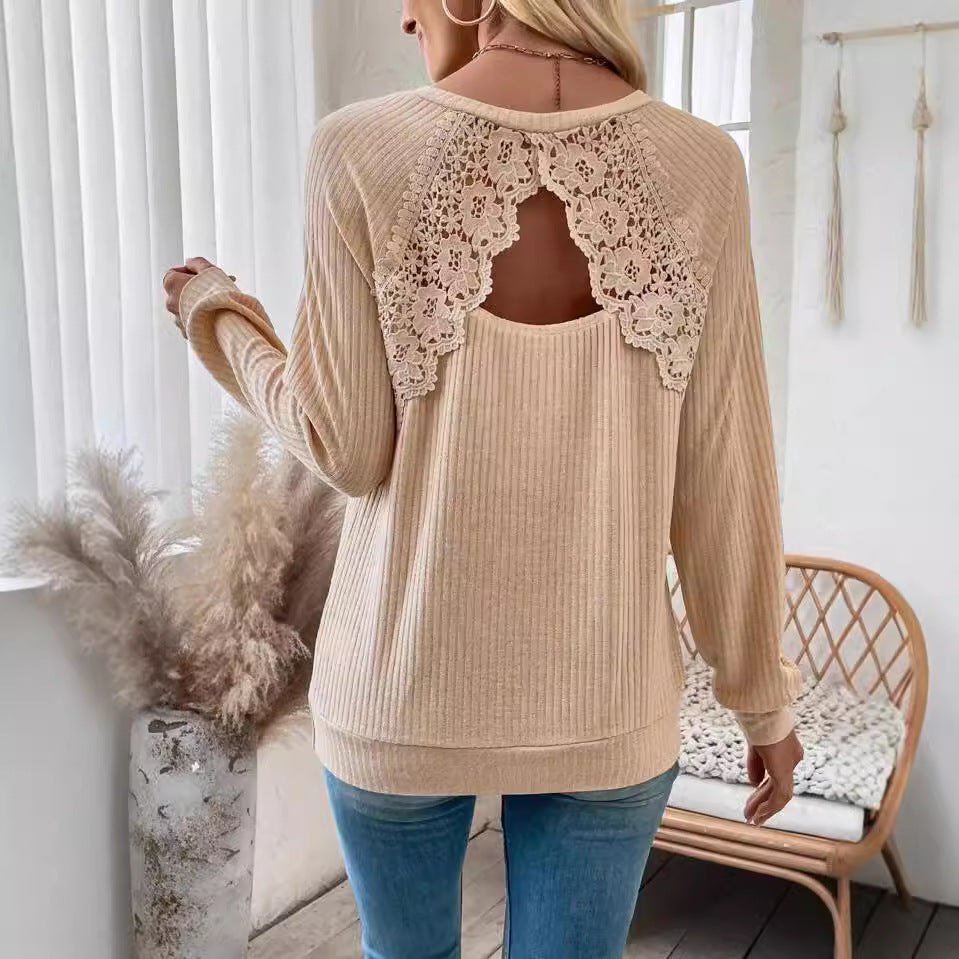 Women's Women Back Stitching Lace Lace Cutout Raglan Sleeve Long Sleeve T Shirt Top For Women