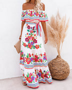 Spring Summer Off-Shoulder Red Floral Printed Long Large Hem Dress