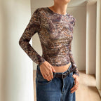 Leopard Mesh See-Through Long-Sleeve Top