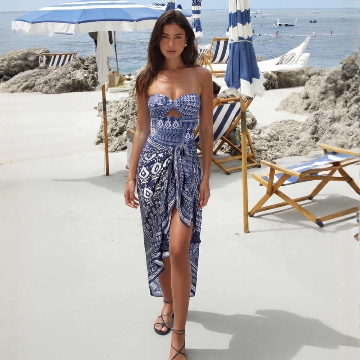 Women's Navy Ethnic Print One-Piece Swimsuit Set