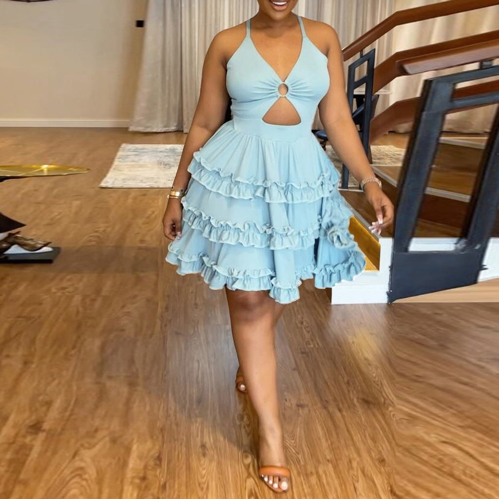 Ruffle Cutout V-Neck Tiered A-Line Dress