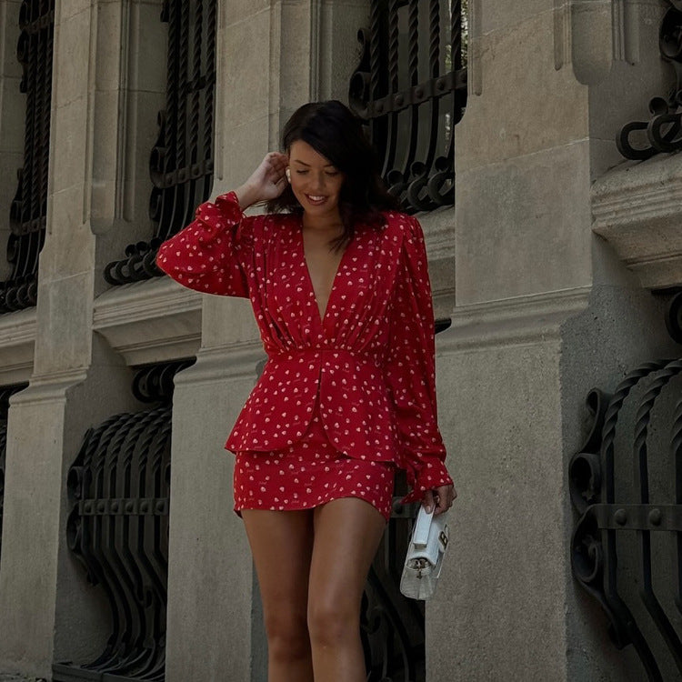 Digital Printing V Neck Long Sleeve Pleated Dress Double Layer