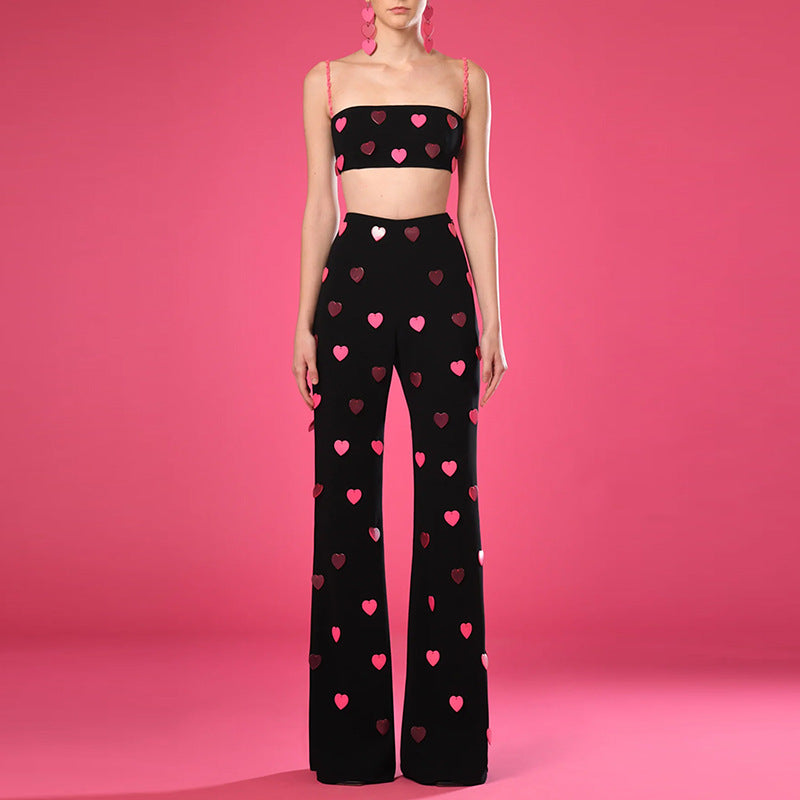 Women's Spring Summer Heart Shaped Sequin Sling Vest Pants Two Piece Set