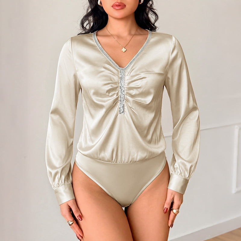 Commuting Elegant Jumpsuit Autumn Long Sleeve Sequined V