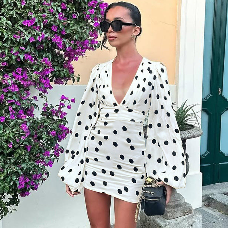 Women's Polka Dot Deep V Long Sleeve Bodycon Mini Dress