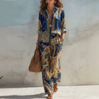 Printed Long Sleeved Shirt Wide Leg Pants Women Casual Two Piece Sets