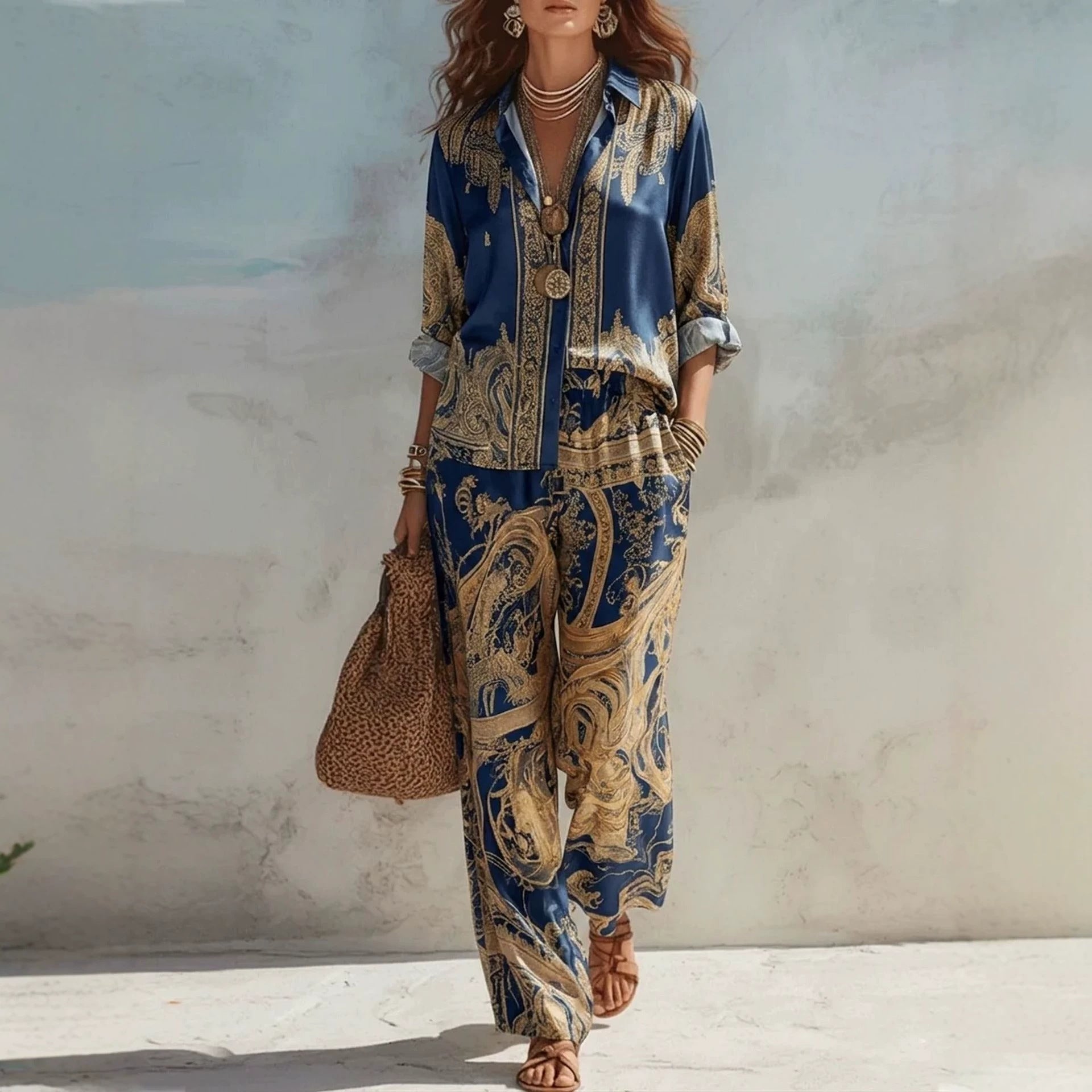 Printed Long Sleeved Shirt Wide Leg Pants Women Casual Two Piece Sets