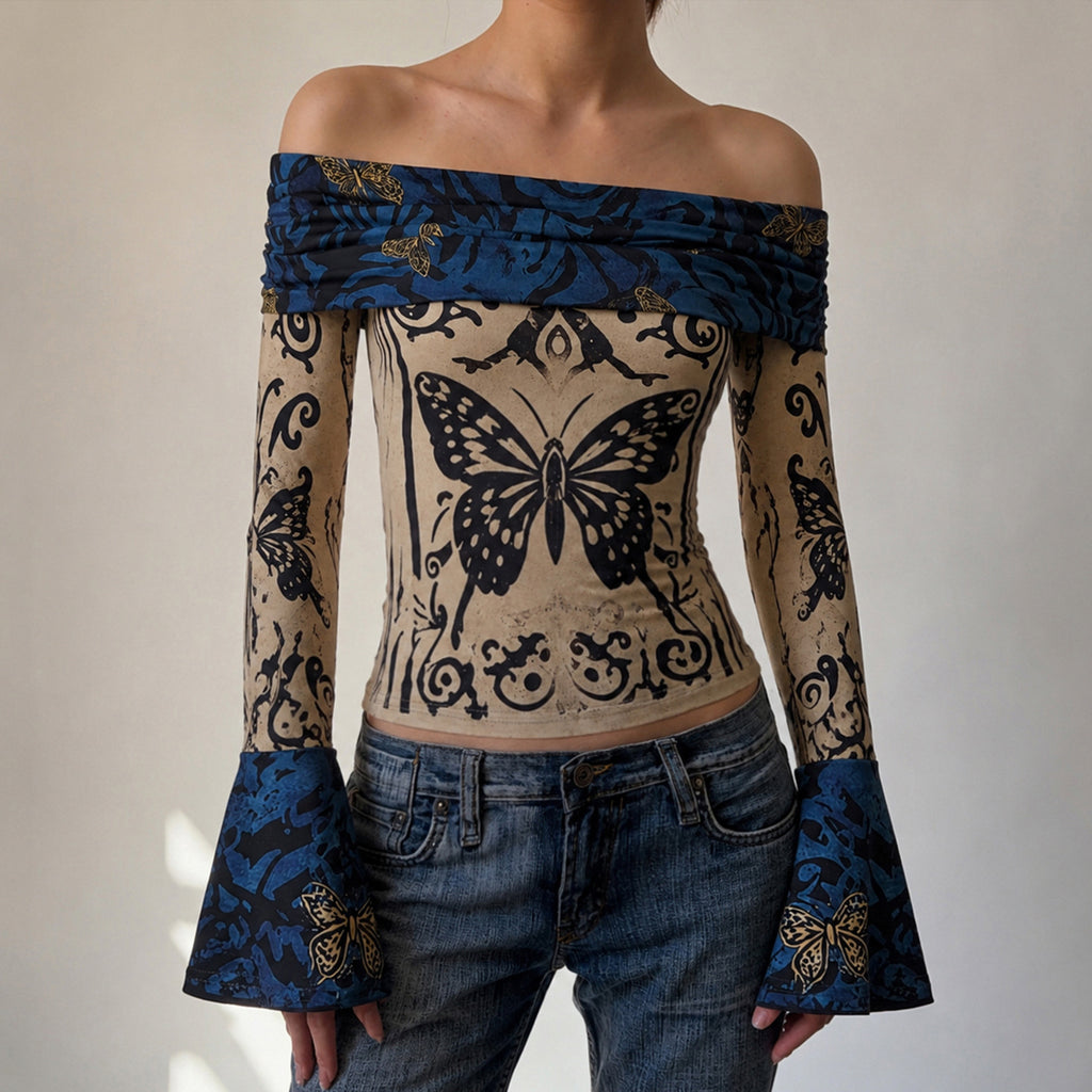 Women's Retro Butterfly Positioning Print Shoulder Bell Sleeve Top