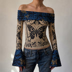 Women's Retro Butterfly Positioning Print Shoulder Bell Sleeve Top