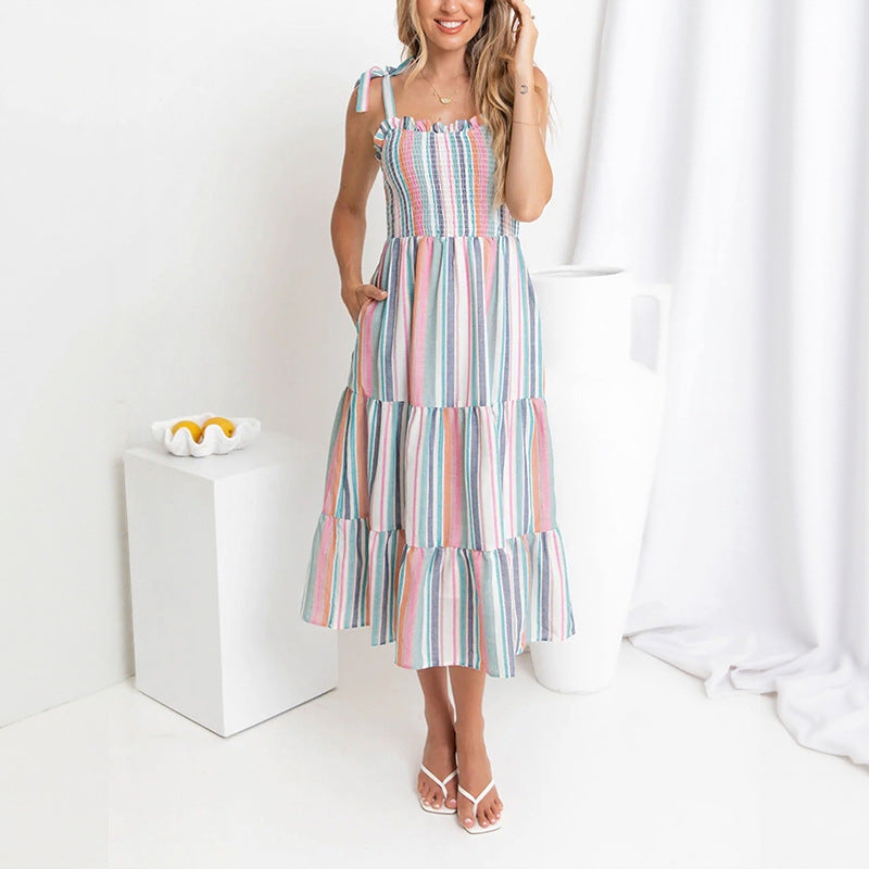 Vacation Lace-Up Summer Rainbow Contrast Striped Spaghetti-Strap Dress