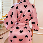 Bathrobe Heart Printing Lace Up Nightgown Home Pajamas Home Wear