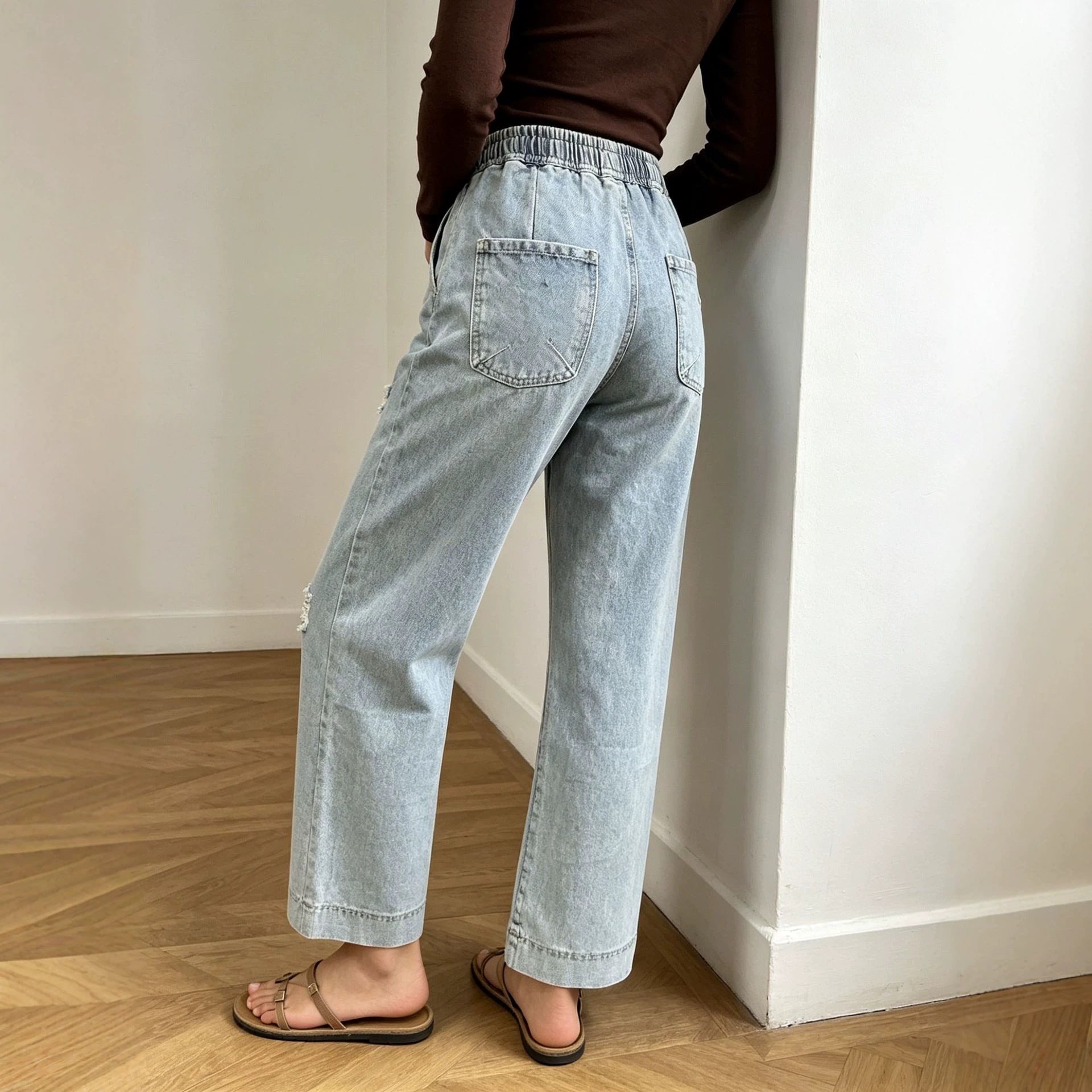 Source Elastic Waist Design Drawstring Casual Women Jeans