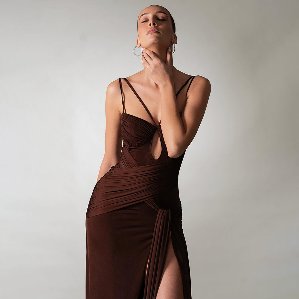 Women's Brown Backless Ruched Slit Cami Maxi Dress