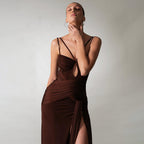 Women's Brown Backless Ruched Slit Cami Maxi Dress
