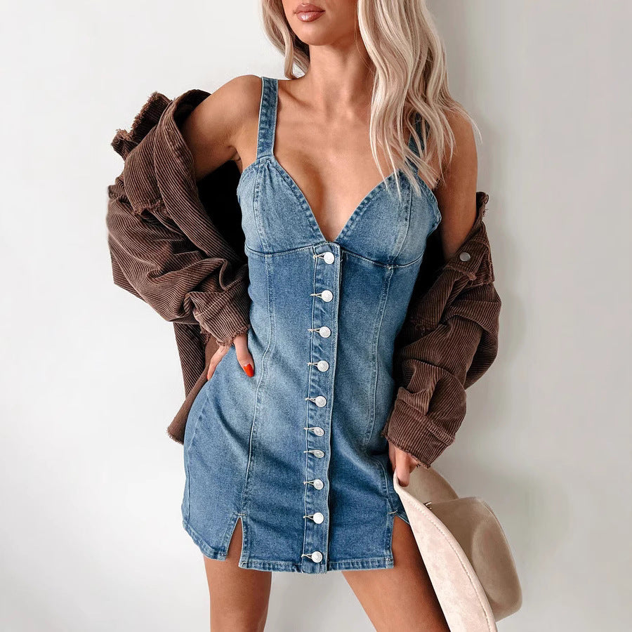 Women's Summer Sweet Spicy Cardigan Strap Retro Denim Dress