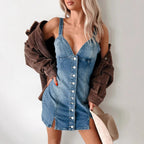 Women's Summer Sweet Spicy Cardigan Strap Retro Denim Dress