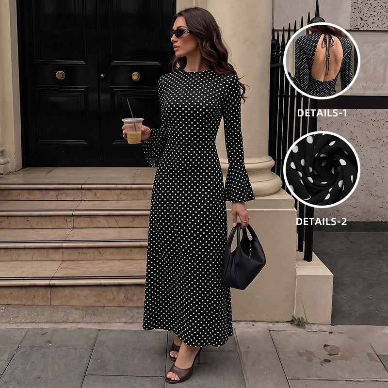 Women's Polka-Dot Backless Lace-Up Maxi Dress