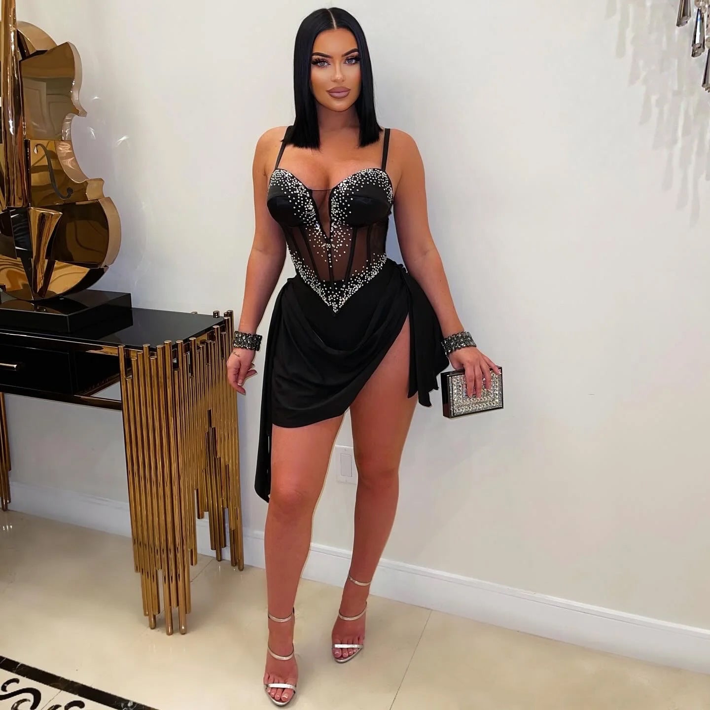 Elegant See through Drilling V neck Strap Waist Elastic Dress