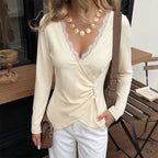 Women Clothing Autumn Winter Clinch Irregular Asymmetric Stitching Lace V neck Long Sleeve Top T shirt