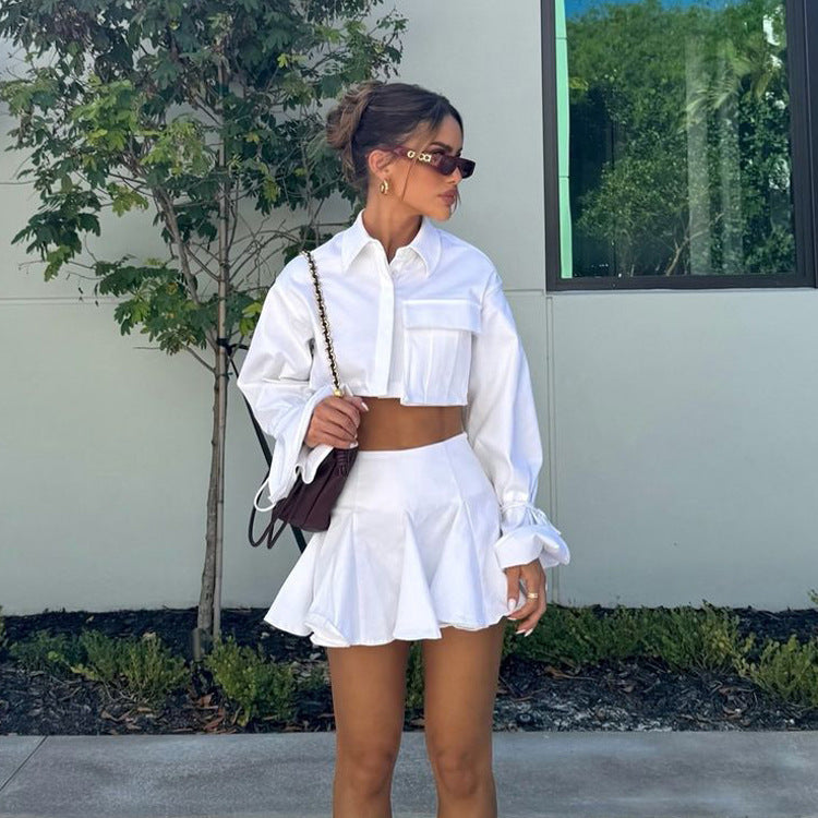 Outfit White Collared Bell Sleeve Short Top